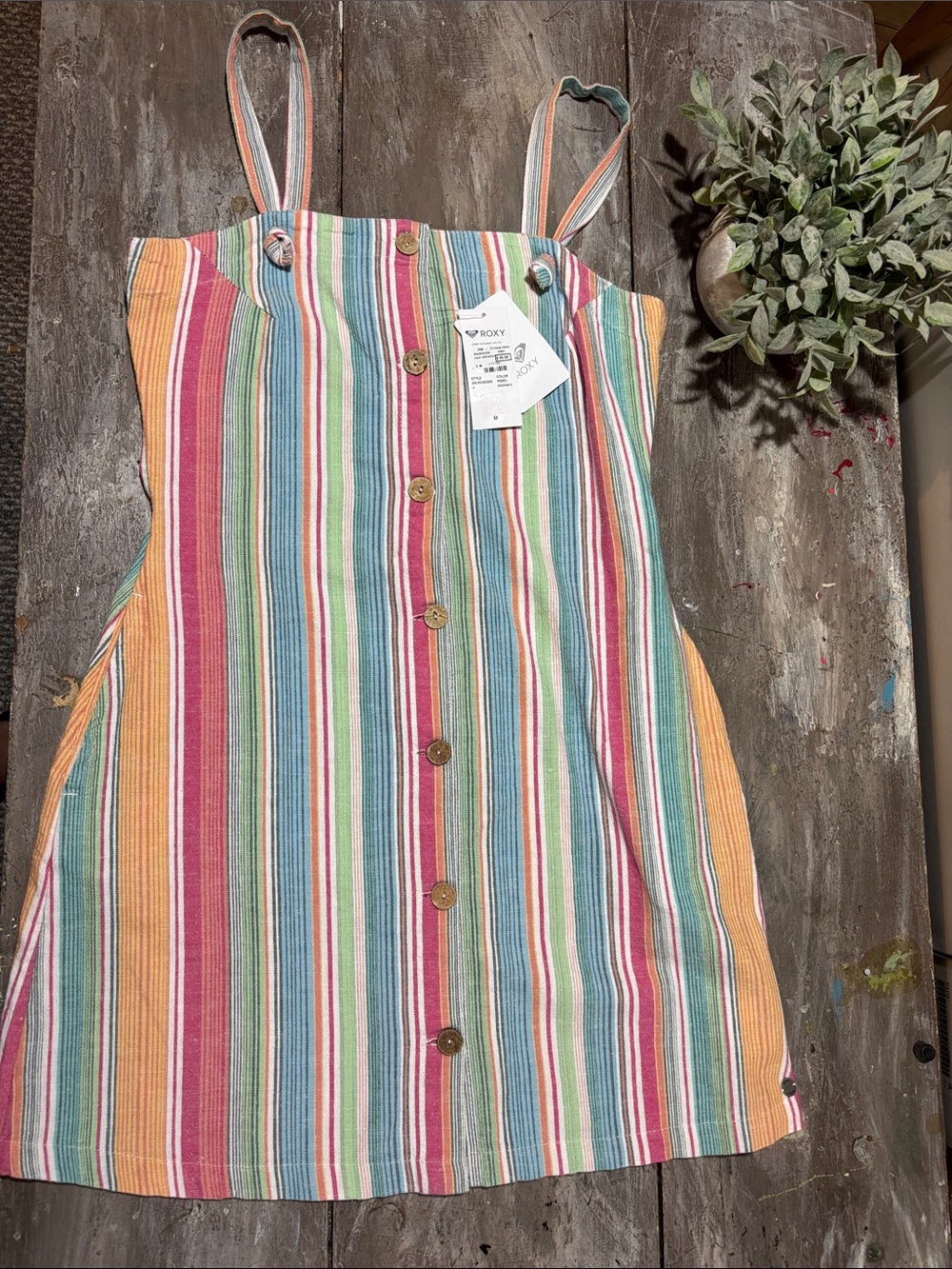 Roxy Pink, Blue, Green & Yellow Striped Button-Front Sundress